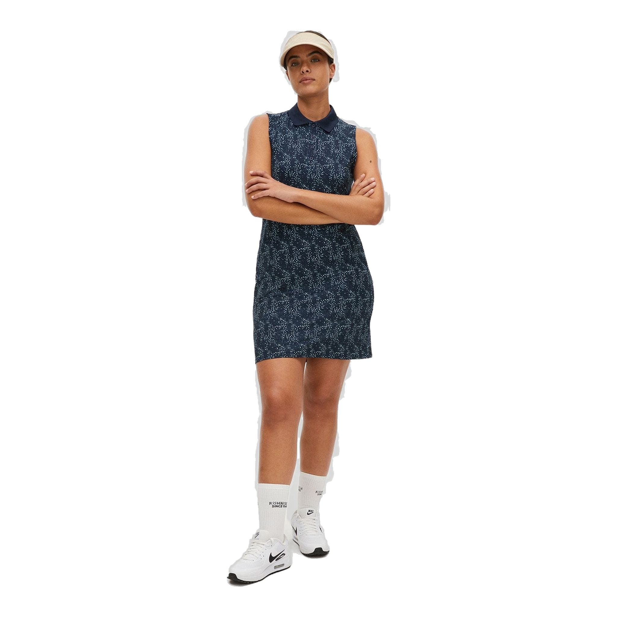 Robe de golf Röhnisch Rumie pour femme, motif à pois spatiaux, bleu marine