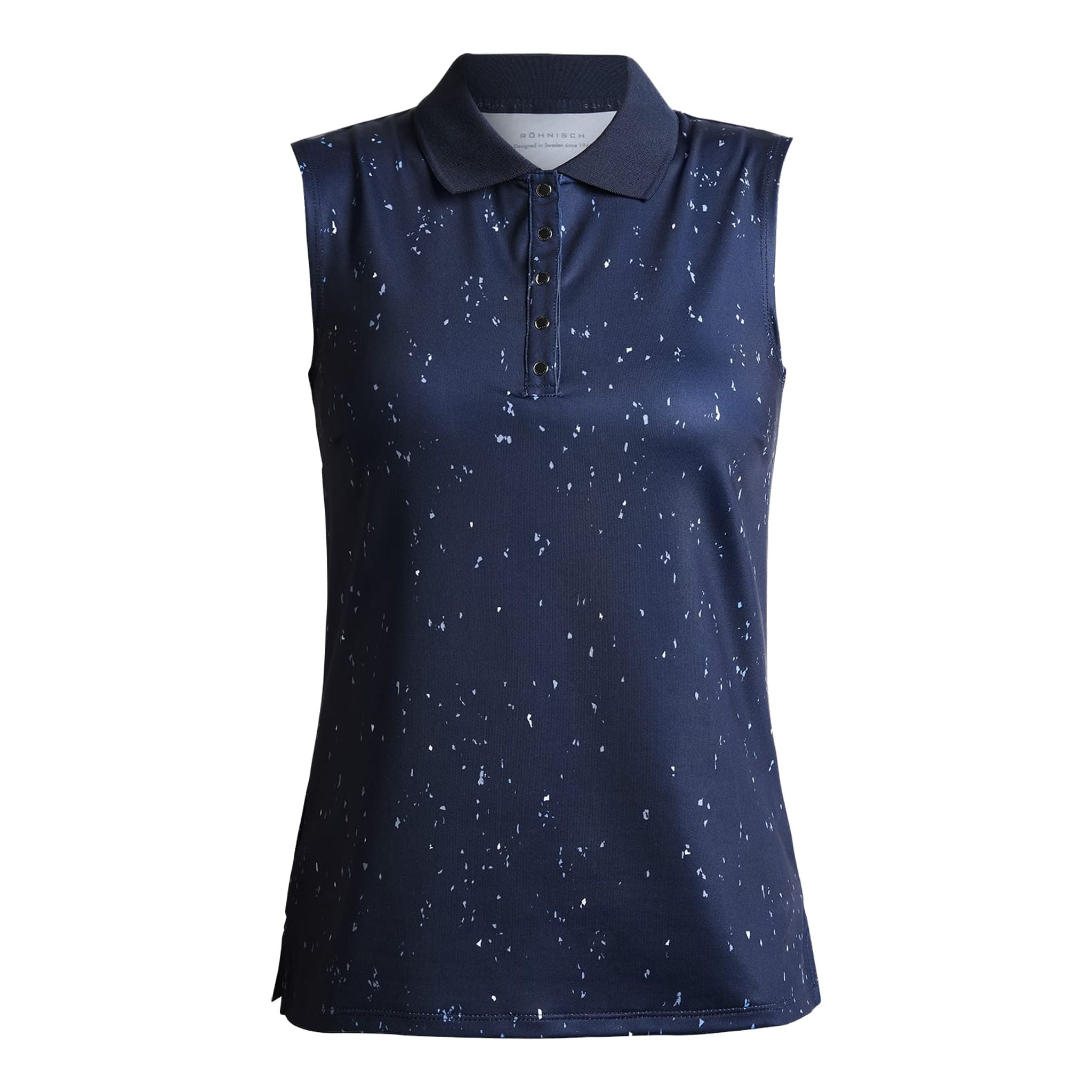 Polo de golf sans manches Röhnisch Direction bleu marine à micro-pois D Femme