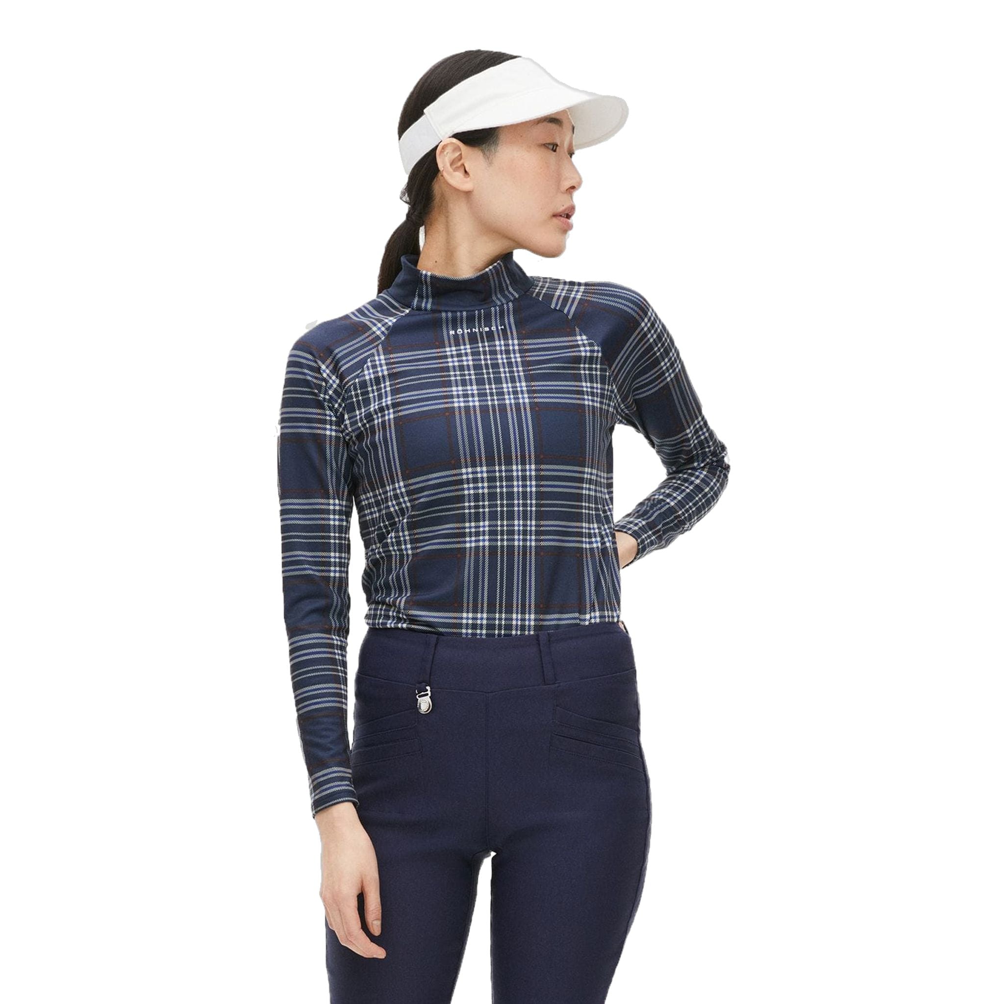Polo de golf Röhnisch Elle à manches longues et carreaux marine pour femme