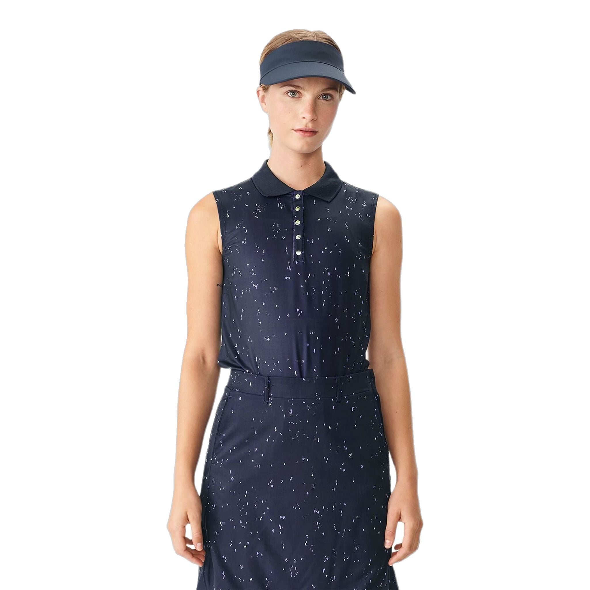Polo de golf sans manches Röhnisch Direction bleu marine à micro-pois D Femme