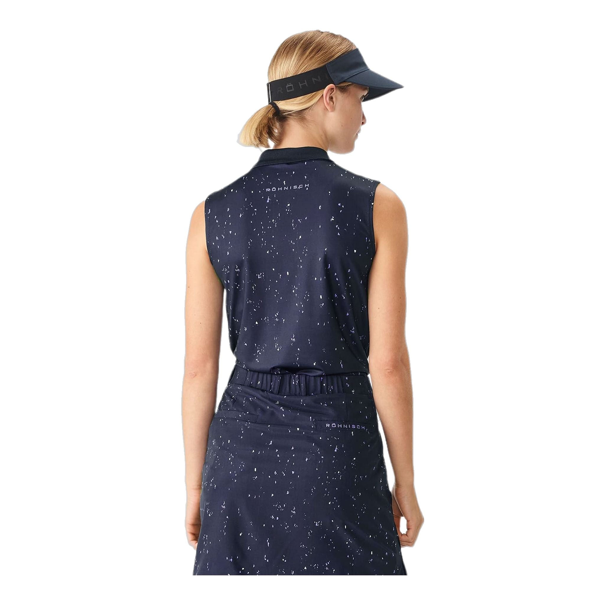 Polo de golf sans manches Röhnisch Direction bleu marine à micro-pois D Femme