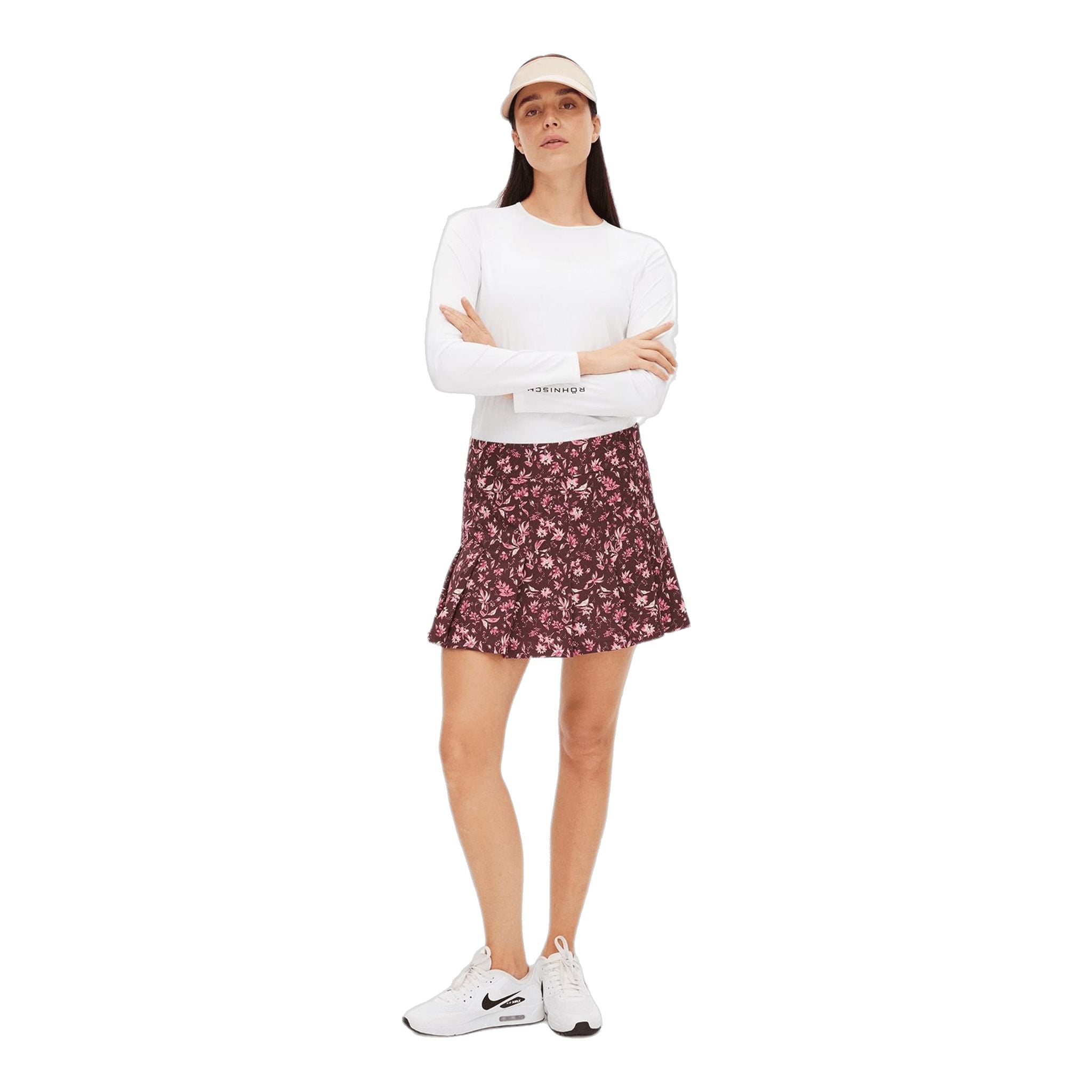 Jupe de golf Röhnisch Lily à plis réguliers, rose fluo à fleurs, pour femme