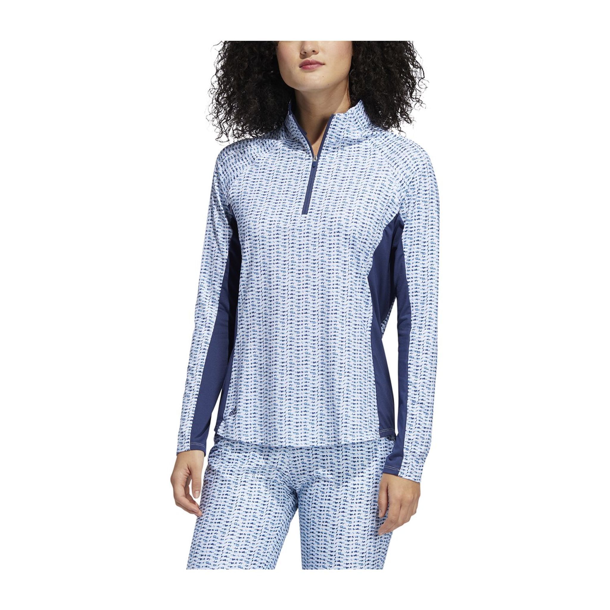 Polo à manches longues imprimé Adidas W Aeroready UPF50 pour femme Blanc/teinte ciel