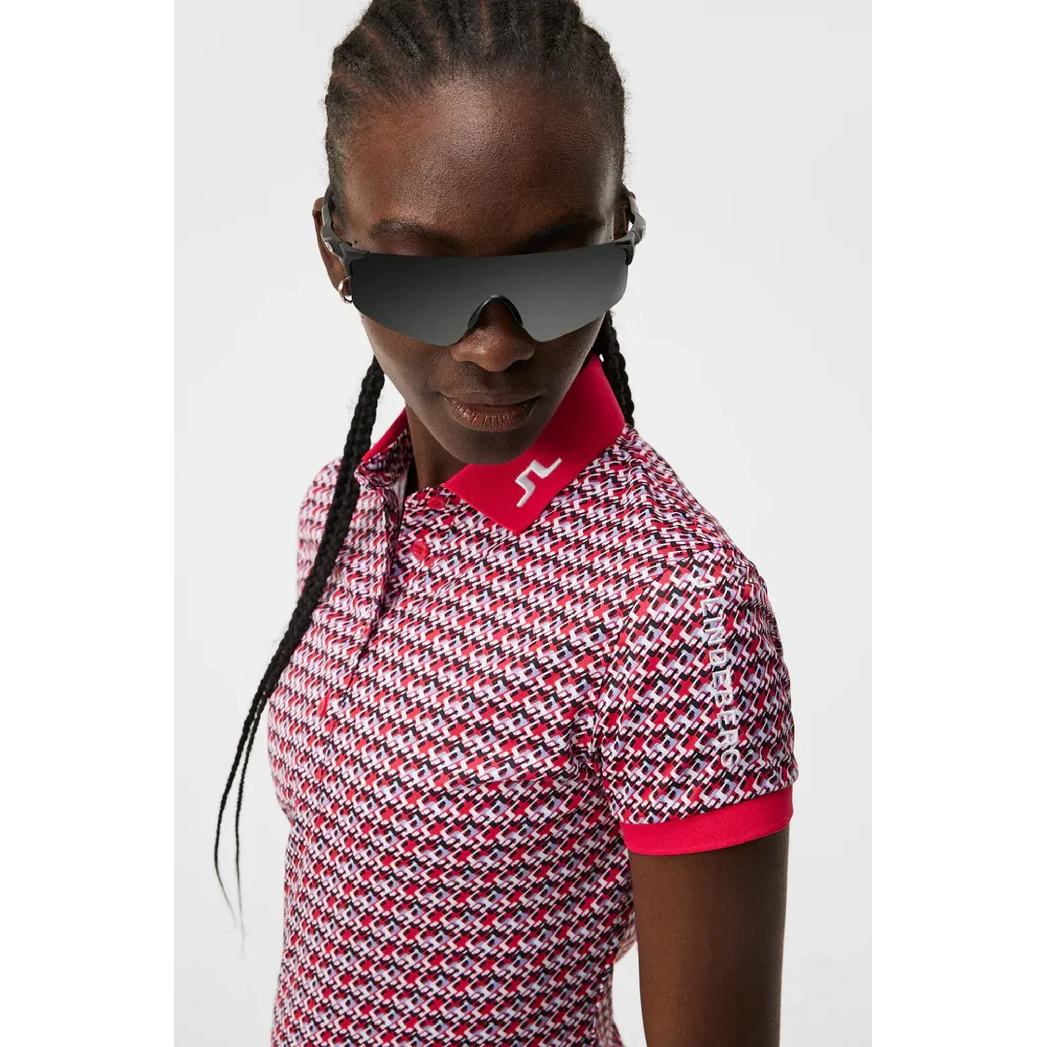J. Lindeberg Tour Tech Print Polo Femme JLMicro Bridge Rose Rouge Femme