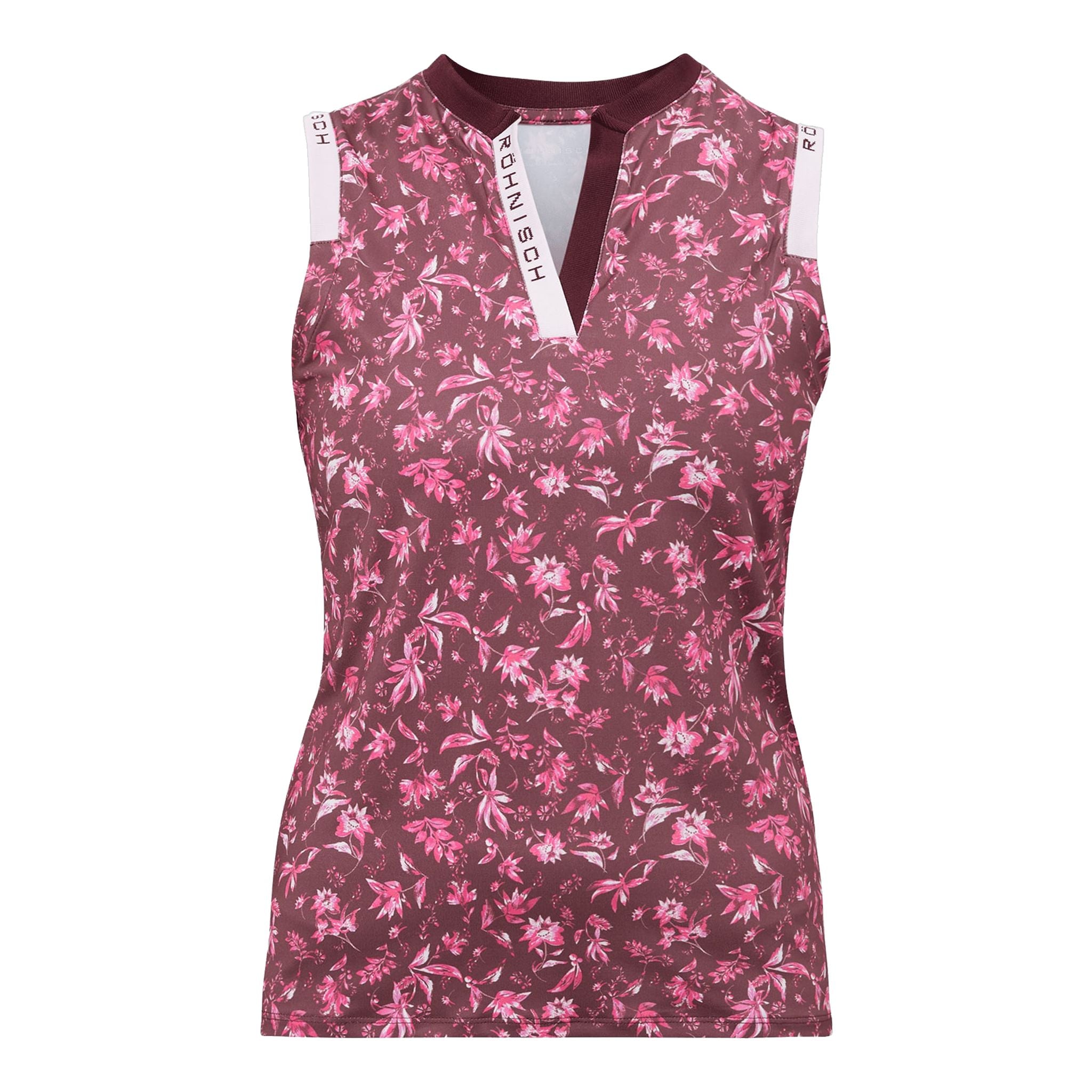 Polo de golf Röhnisch Abby pour femme, rose fluo à fleurs, sans manches, taille L